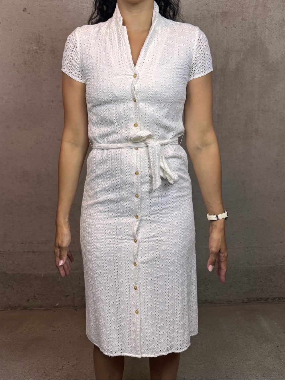 Sezane XS / S White Eyelet Button-Front Tie-Waist Dress